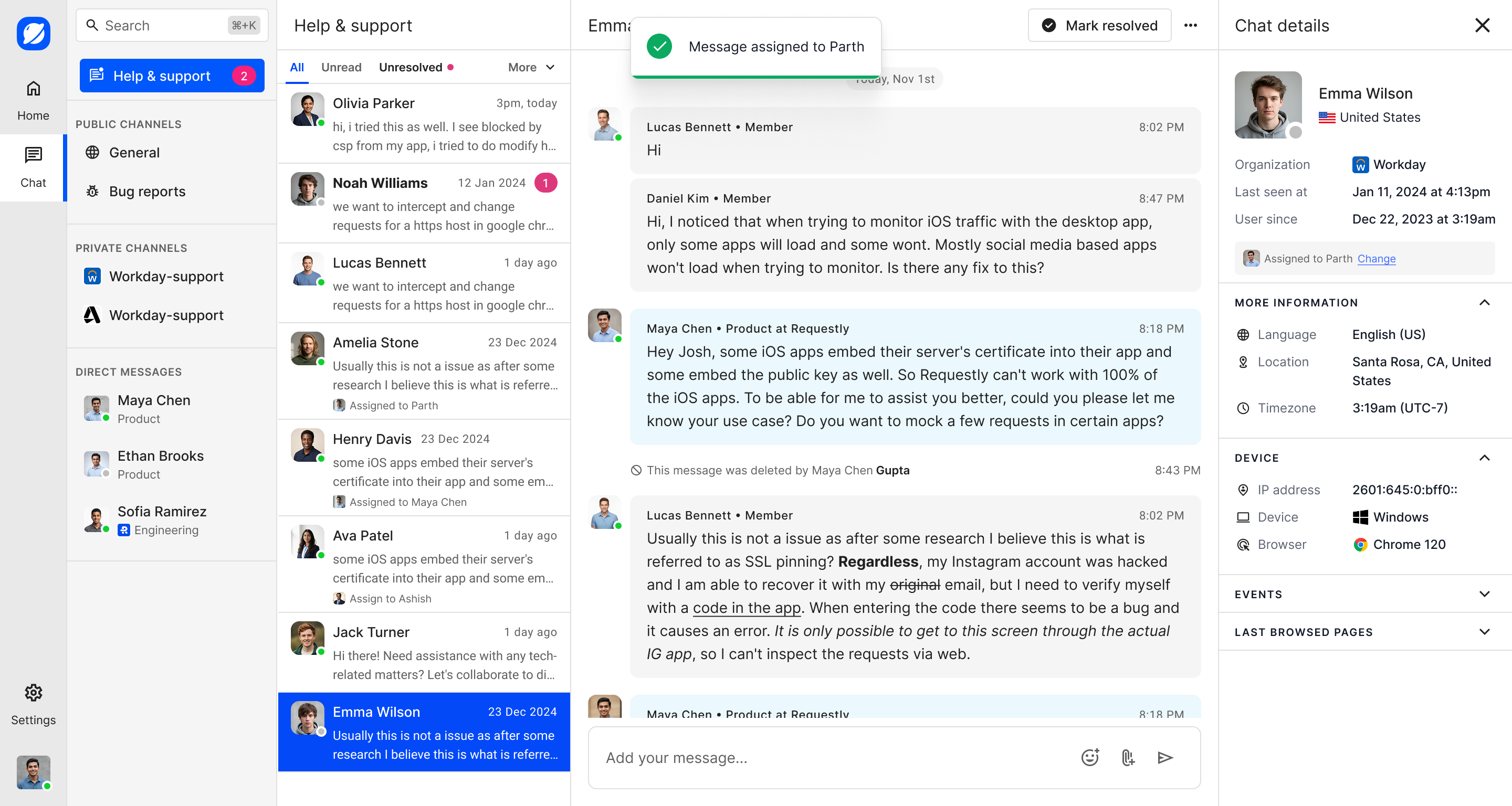 Confirmation after assigning a support conversation to a teammate